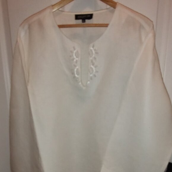 JONES NEW YORK SIGNATURE 100% LINEN TUNIC 3/4 SLV EMBELLISHED WHITE NWOT 3X PLUS - Picture 1 of 7